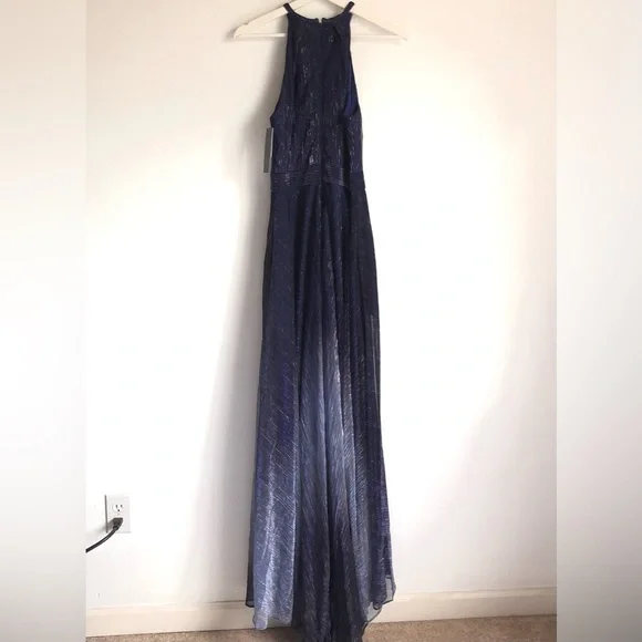 NWT Betsy & Adam Navy Blue Ombré Metallic Halter Neckline Dress Gown Size 8